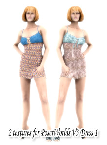2 all new textures for PoserWorld’s Dress 1 for Victoria 3.
