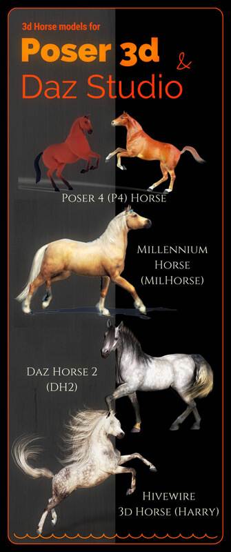 The different 3d horse models for Poser and Daz Studio